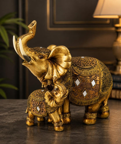 Decorative Elephant Showpiece for Home Décor | Resin Lucky Elephant Statue with Mother & Baby Design | Tabletop Feng Shui Good Luck Idol (Baby Elephant with Mother)