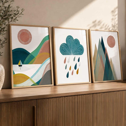 Boho Art Home Decoration Paintings With Frame For Living Room Bed Room Hotel Wall Decor Digital Reprint Set of 3 (13X17 inch)