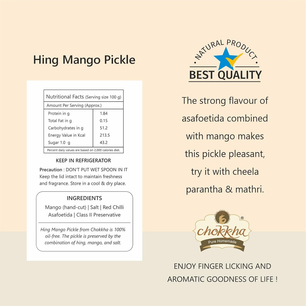Chokkha Traditional Homemade Hing Mango Pickle | Hing aam ka achar | Good for Digestion | 100% Oil-Free Pickle | Handcut | Sun Dried | No Artificial Colors | No Vinegar or Tatri | 400 Gm