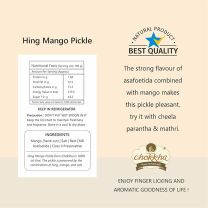 Chokkha Traditional Homemade Hing Mango Pickle | Hing aam ka achar | Good for Digestion | 100% Oil-Free Pickle | Handcut | Sun Dried | No Artificial Colors | No Vinegar or Tatri | 400 Gm
