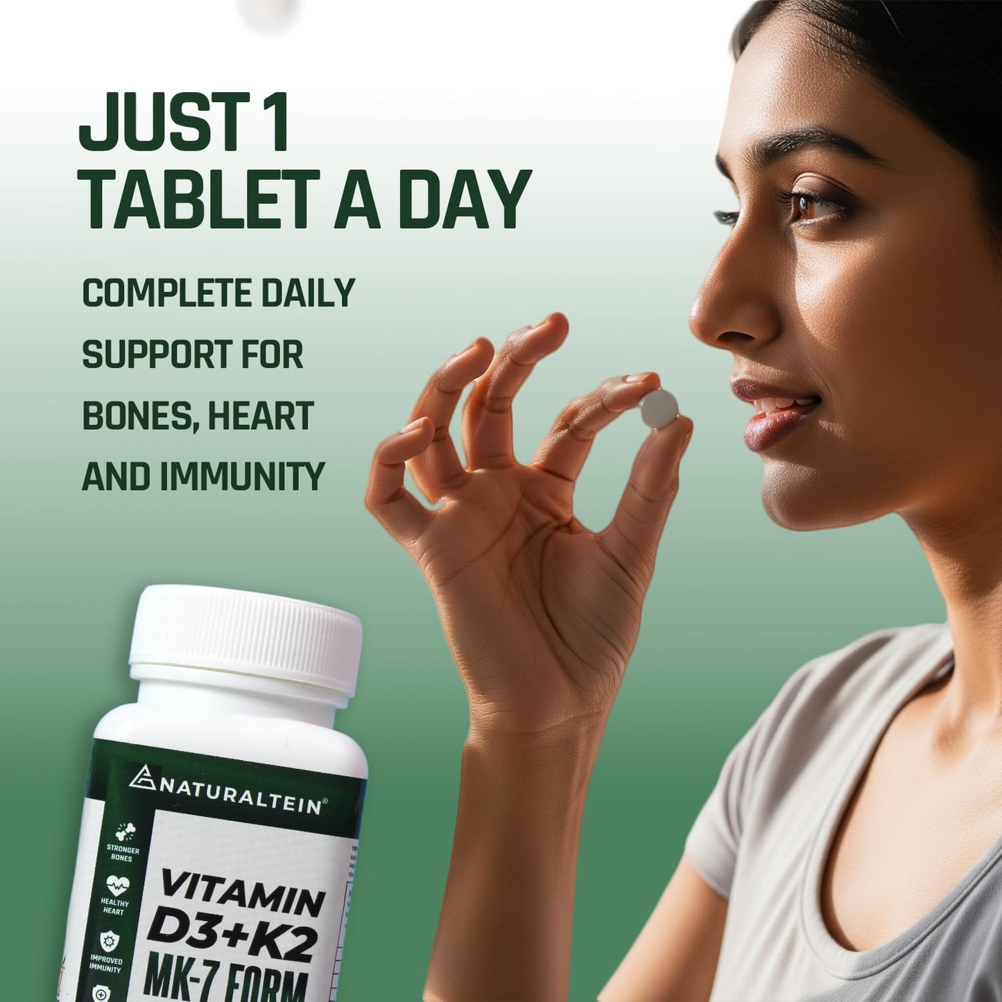 Woman holding a supplement tablet with product packaging and promotional text on a green background