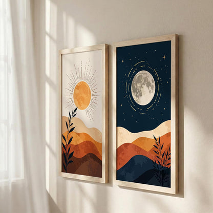 Minimalist Sun Moon Wall Art Set of 2 Framed Mountain Landscape Prints, Boho Neutral Scandinavian Decor, Wooden Frames, 10x19 Inch (Art-13)