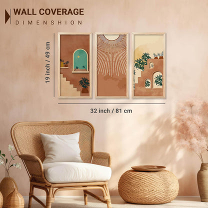 Boho Decorative Modern Wall Art Print With Frame Abstract Paintings For Living Room Bed Room Hotel Wall Decor Digital Reprint Engineered Wood Set of 3 (Art 4, 10x19 inch)