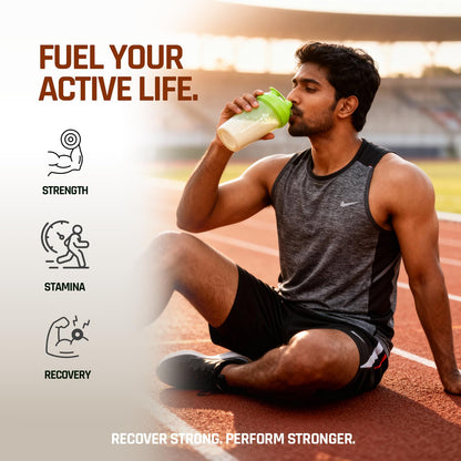 Man drinking from a sports bottle on a track with 'Fuel Your Active Life' text and icons.