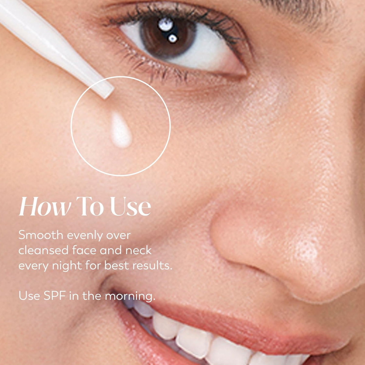 Close-up of a person's eye with skincare product application and text on how to use it.