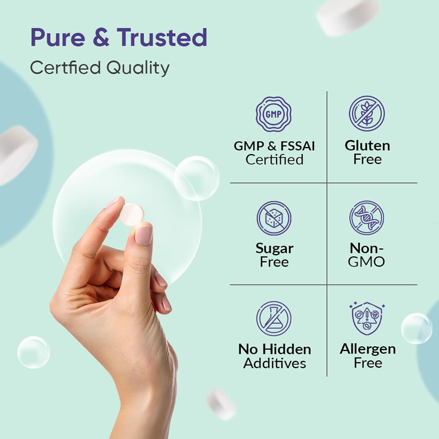 Hand holding a white tablet with certification icons on a light green background