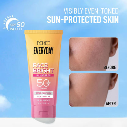 RENEE Everyday Face Bright Brightening Sunscreen SPF 50 PA+++ | In-Vivo Tested | With Niacinamide, Hyaluronic Acid & Glutathione | Broad Spectrum UVA & UVB Protection | Hydrates & Protects Skin | 50ml