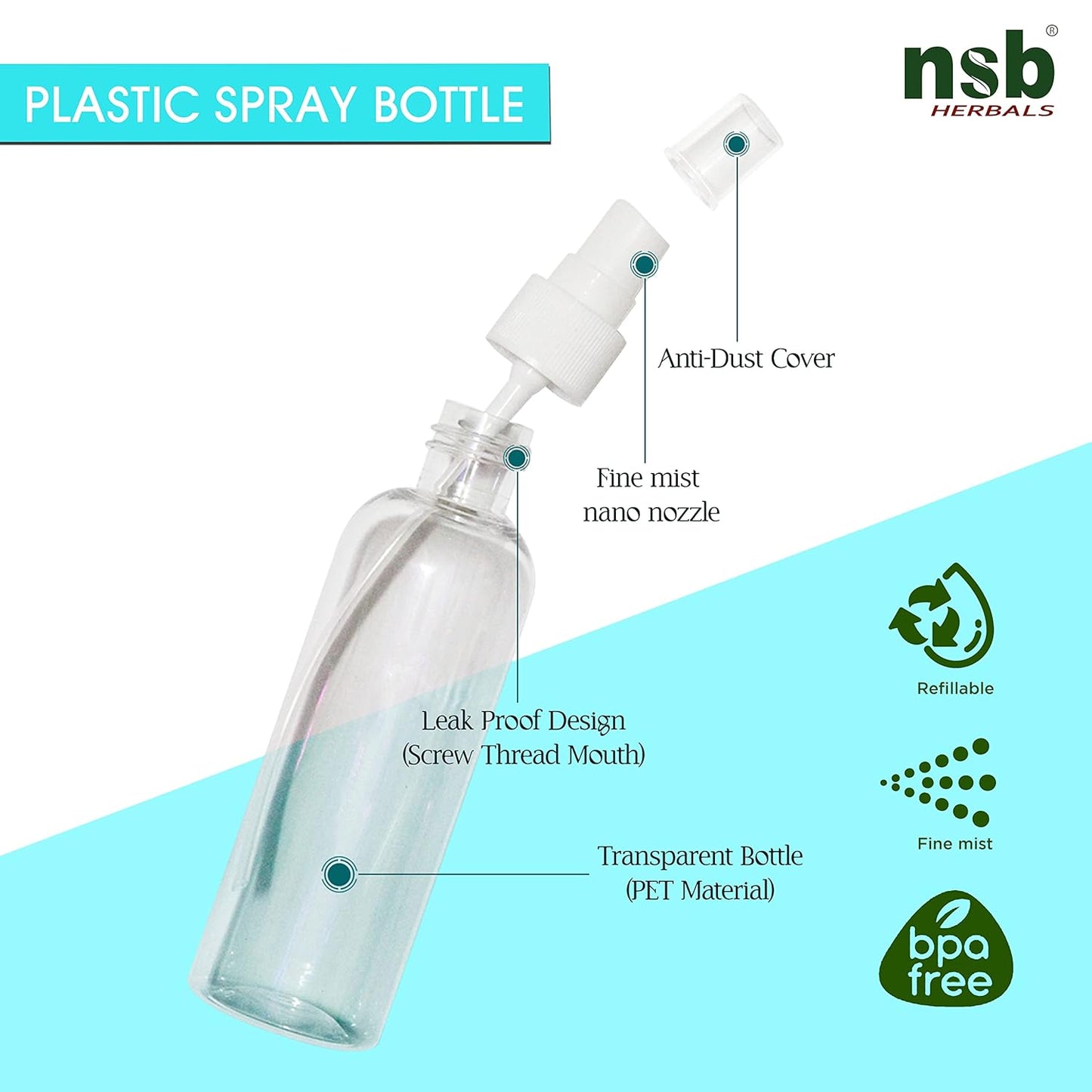 nsb herbals 100 ml Transparent Plastic Empty Refillable Reusable Fine Mist Spray Bottle Container For Sanitizer, Perfume, Rose Water, Travel, Home Care, Other Diy (Pack Of 3)