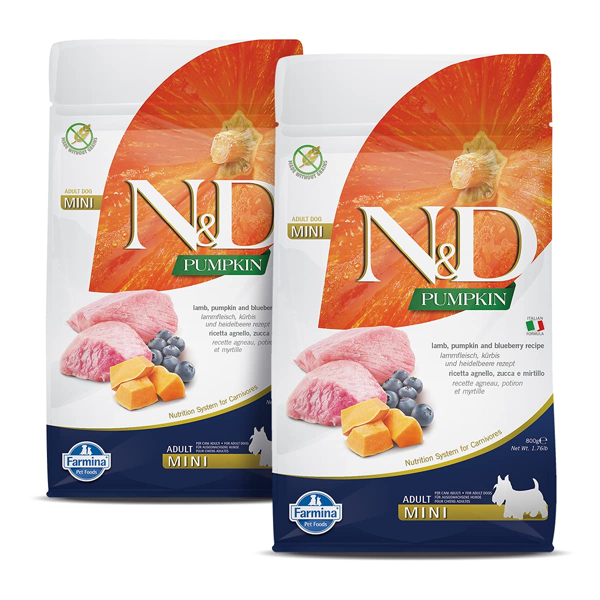 FARMINA N&D Pumpkin | Dog Dry Pet Food | Lamb & Blueberry | Grain Free | Adult Mini Breed | Pack of 2 | Each 800g