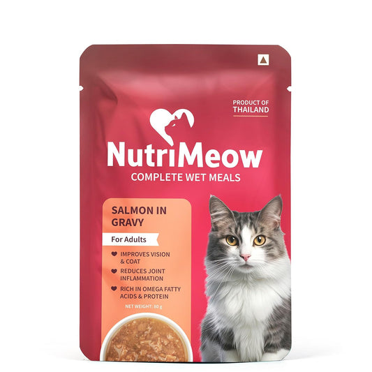 NutriMeow Salmon in Gravy Adult Cat Wet Food - 80gm | Delicious & Healthy Cat Pouch | Protein-Packed, Nutritious & Balanced Meal | Suitable for Persian Cats & All Breeds