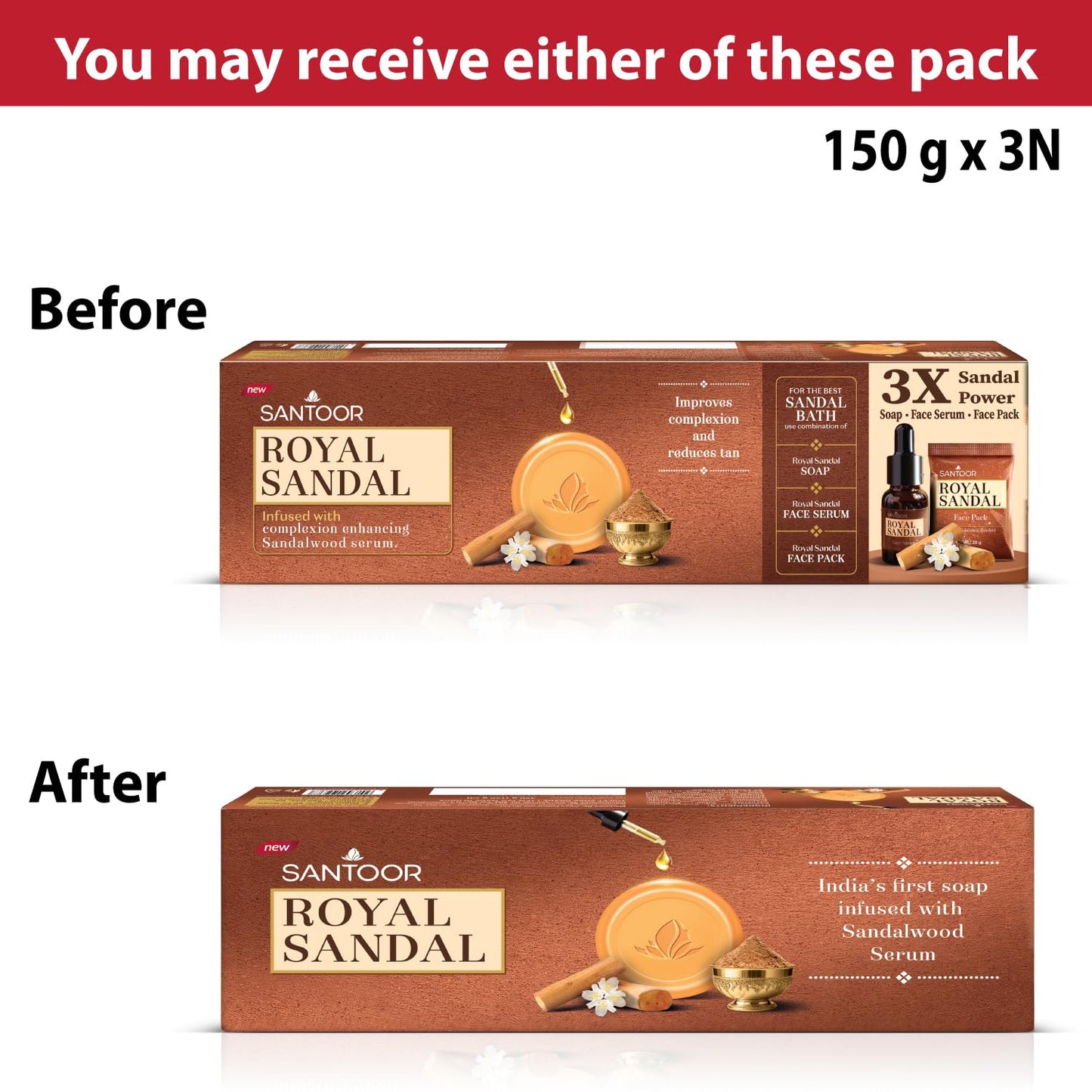 Santoor Royal Sandal Detan Pack | 3 Soaps (150g Each) | 100% Sandalwood Oil & Powder | 3-Step Natural Detan | Reduces tan, Improves complexion, Even Skin Tone & Glow