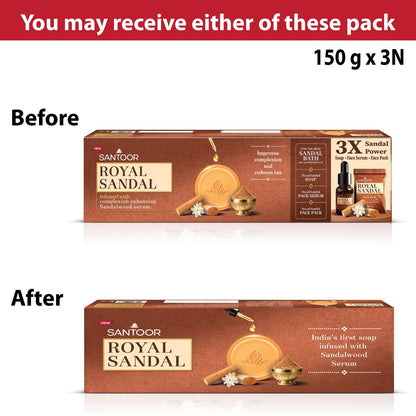 Santoor Royal Sandal Detan Pack | 3 Soaps (150g Each) | 100% Sandalwood Oil & Powder | 3-Step Natural Detan | Reduces tan, Improves complexion, Even Skin Tone & Glow