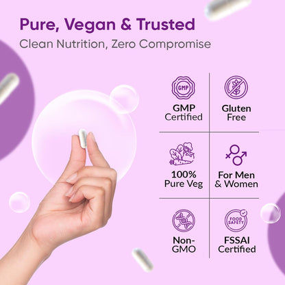 Product packaging with hand holding a supplement, certification icons, and text on a purple background.
