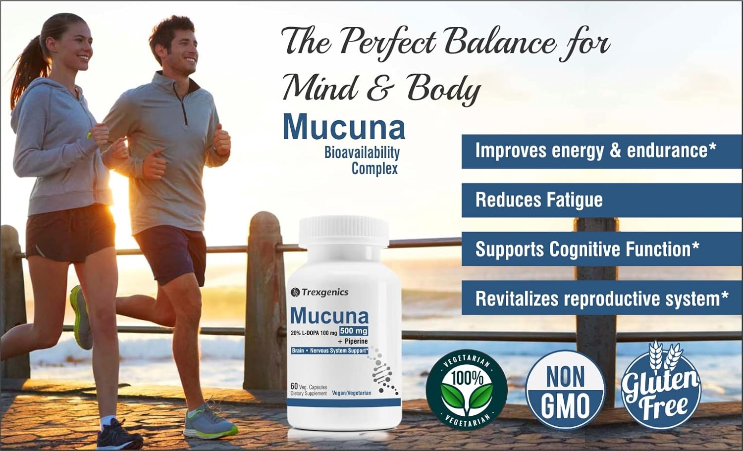 Mucuna supplement bottle with a scenic background of two people running by a lake.