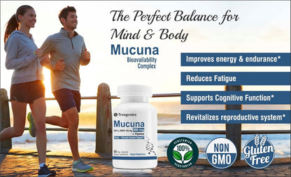 Mucuna supplement bottle with a scenic background of two people running by a lake.
