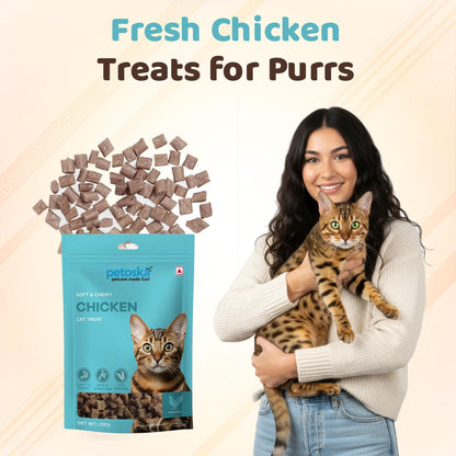 Petoska Chicken Cat Treats –100g | Air-Dried Real Chicken Bites with Taurine & Omega-3 | Chewy High-Protein Snack to Support Immunity, Weight Control & Overall Wellbeing | Kittens & Adult Cats