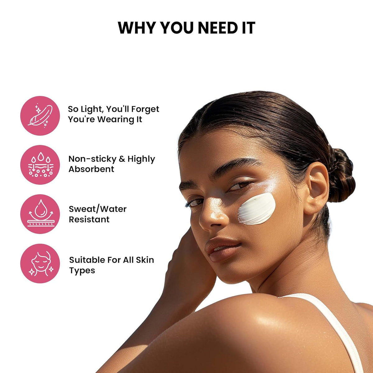 Woman applying sunscreen with text highlighting features on a white background