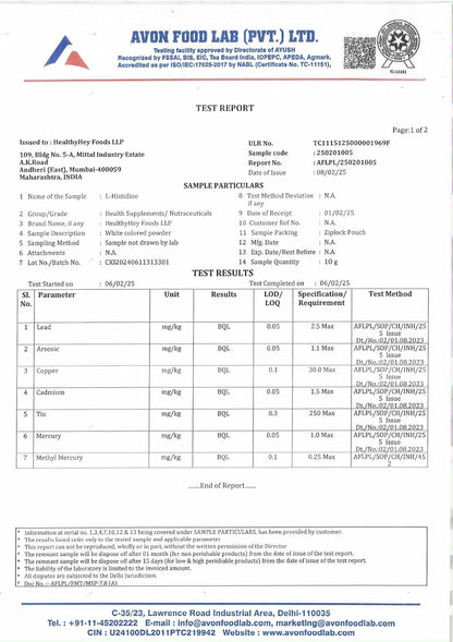 Avon Food Lab test report with various parameters and results.