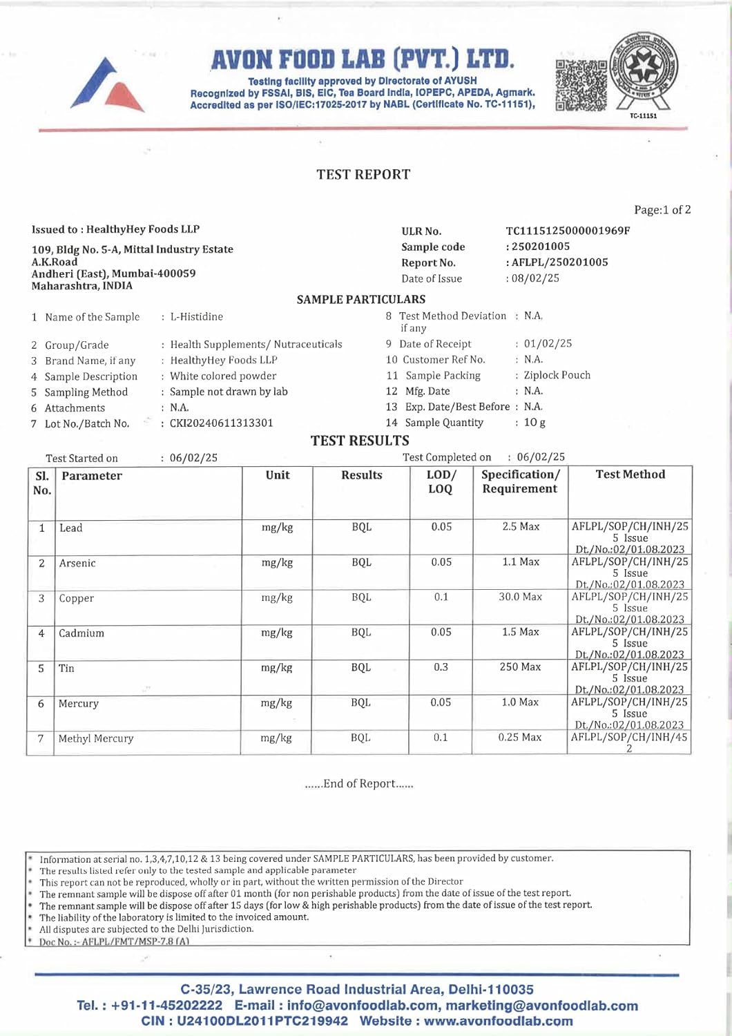 Avon Food Lab test report with various parameters and results.