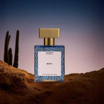 Perfume bottle labeled 'Why' by Arabian Oudh in a desert setting