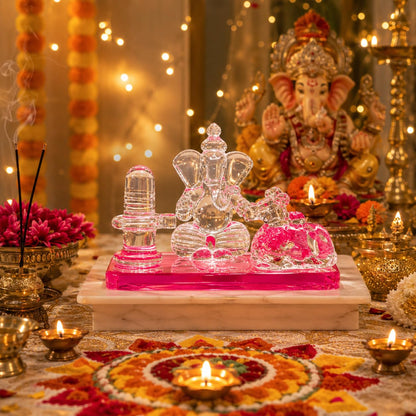 Crystal Glass Shiva Ganesha Nandi Statue | Decorative Religious Showpiece for Home, Temple & Office | Pink, 4 x 2.5 Inch