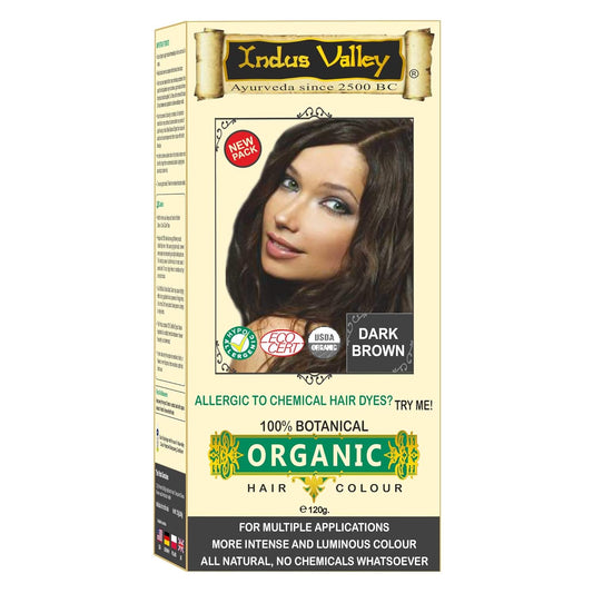 Indus Valley organic hair color box with a woman's face on the packaging.
