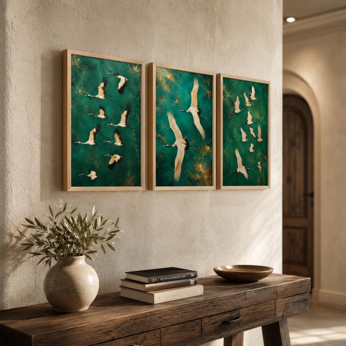 Set of 3 Flying Crane Birds Wall Painting for Living Room Bedroom Hall Office Decor, Premium Wooden Synthetic Frame Green Artwork Gift (13.5 x 19.5 Inch)
