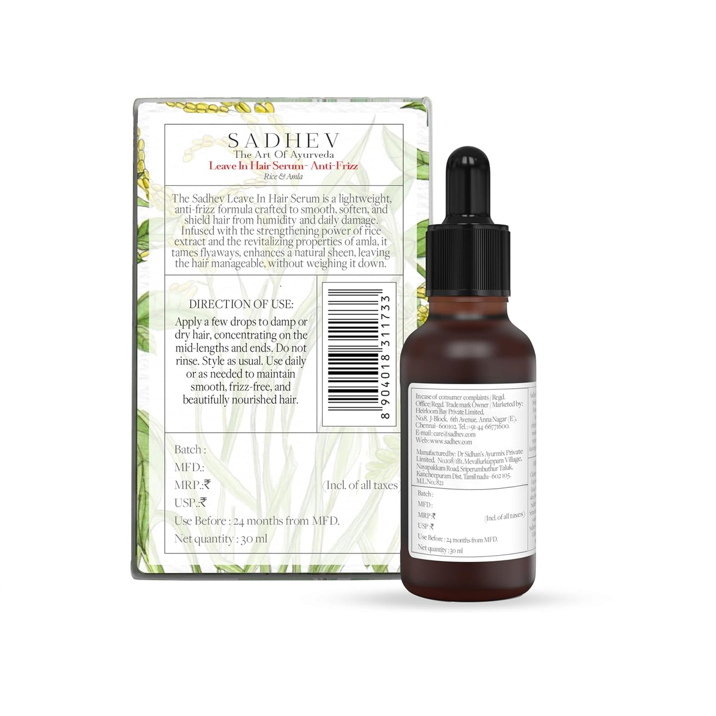 SADHEV Ayurvedic Anti-Frizz Leave-In Hair Serum | Frizz-Free, Smooth & Manageable Hair | Powered by Rice & Amla with Haritaki, Curry Leaf & Tulsi | For Dry & Frizzy Hair | Lightweight, Non-Sticky | For Men & Women | 30ml
