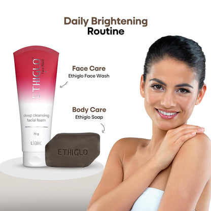 Ethiglo face wash and soap with a model showing a daily brightening routine.