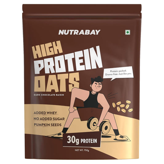 Nutrabay High Protein Oats package with a cartoon character and text on a brown background