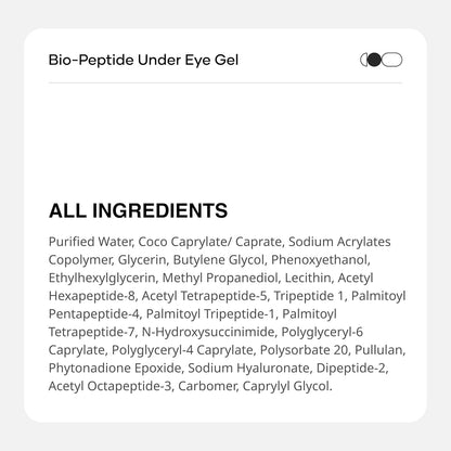 List of ingredients for Bio-Peptide Under Eye Gel on a white background