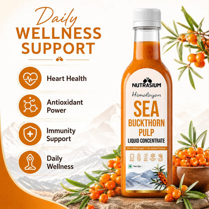 Nutrasium Himalayan Sea Buckthorn Berry Juice - 500 ml - Natural Source of Vitamin C, Omega 3 6 7 9, Antioxidants for Immunity, Skin Glow & Gut Health - 50 Glasses