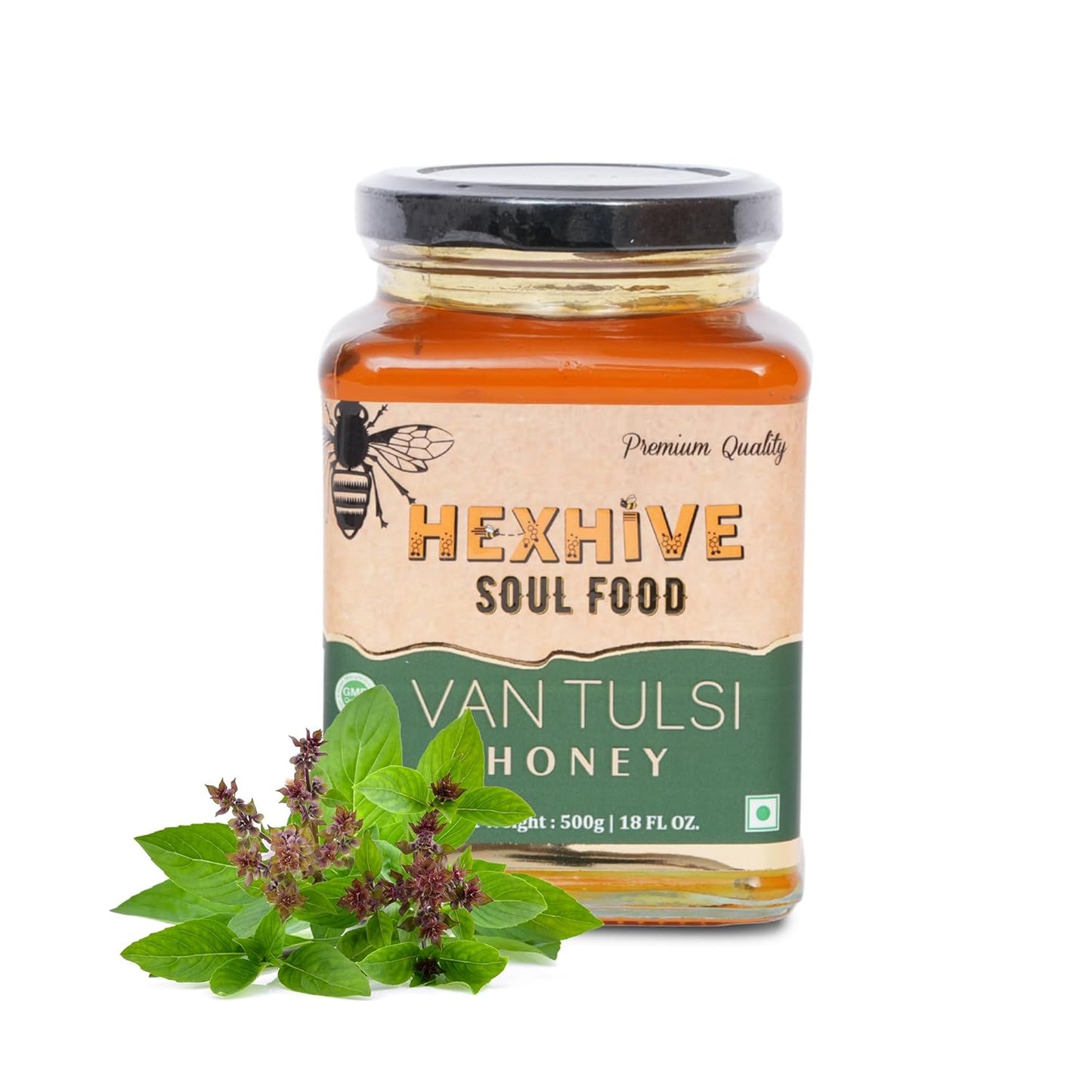 Jar of Hexhive Van Tulsi Honey with a plant on a white background