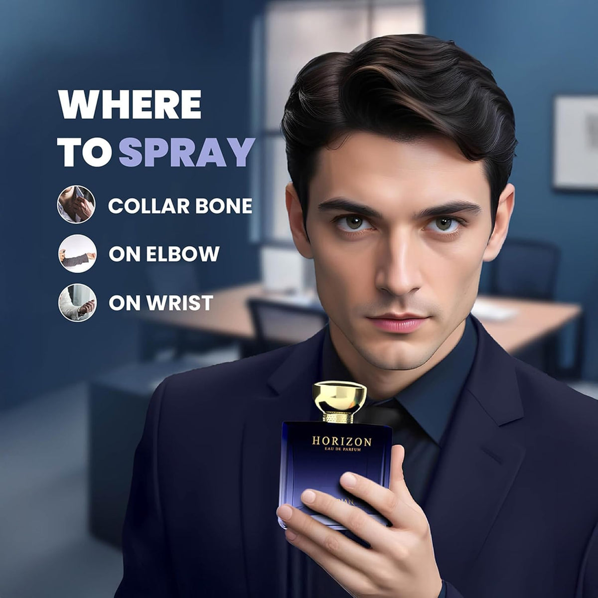 Man holding a perfume bottle with application instructions on a blurred office background