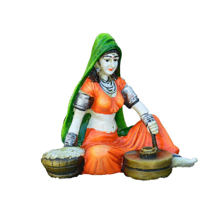 Rajasthani Lady Using Flour Machine Polyresin Statue (15 cm x 12.5 cm x 12.5 cm, Orange and Red)