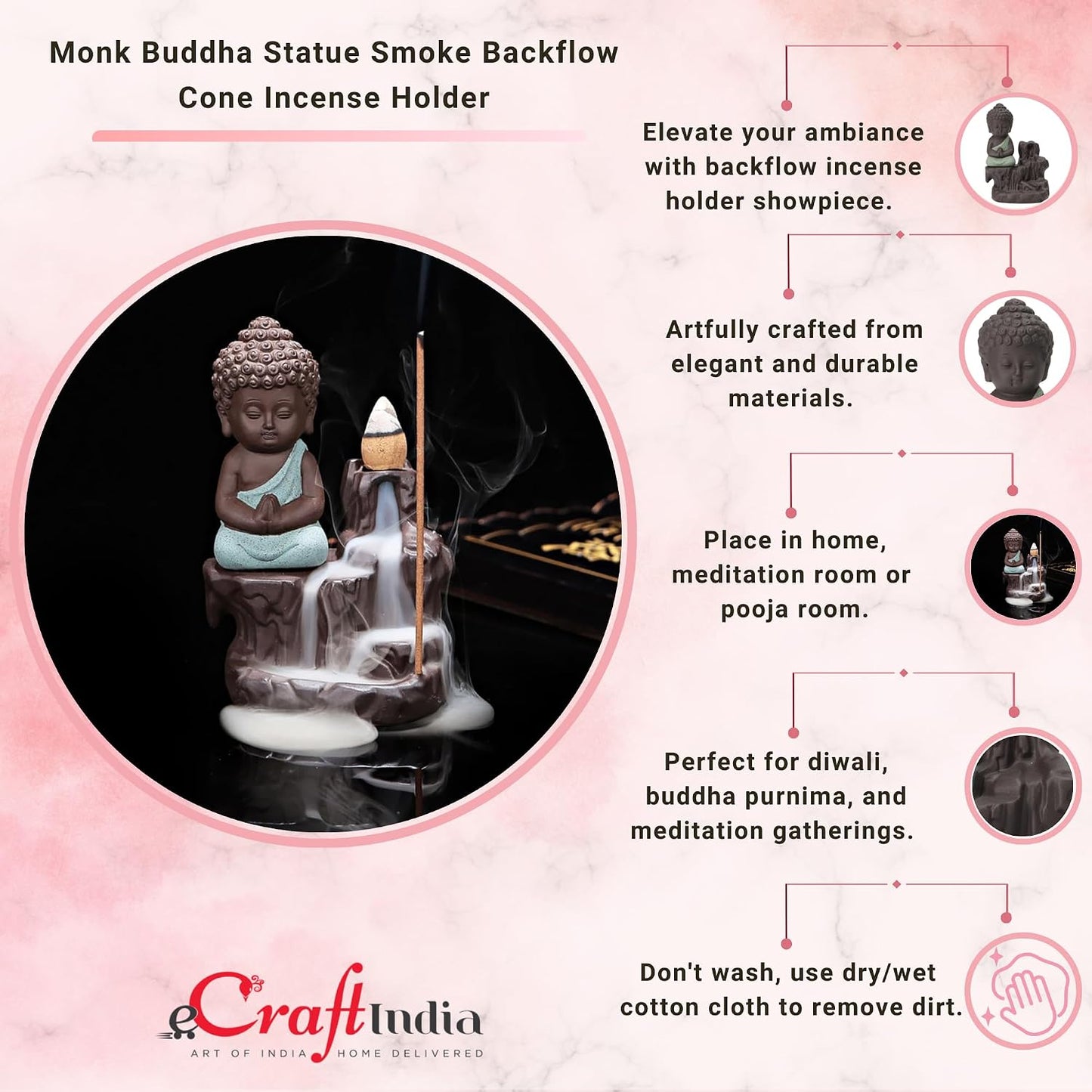 eCraftIndia Meditating Monk Buddha Smoke Backflow Cone Incense Holder Decorative Showpiece with 10 Free Smoke Backflow Scented Cone Incenses