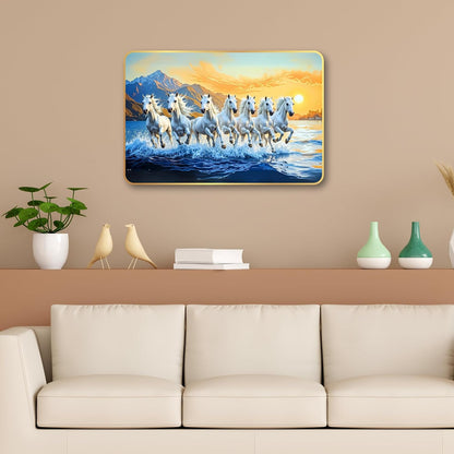 7 Running Horses MDF Wall Art 12x18 Inch | Golden Border Vastu Painting for Home & Office Décor | Modern Elegant Wall Hanging Frame for Living Room, Bedroom (Design 2)