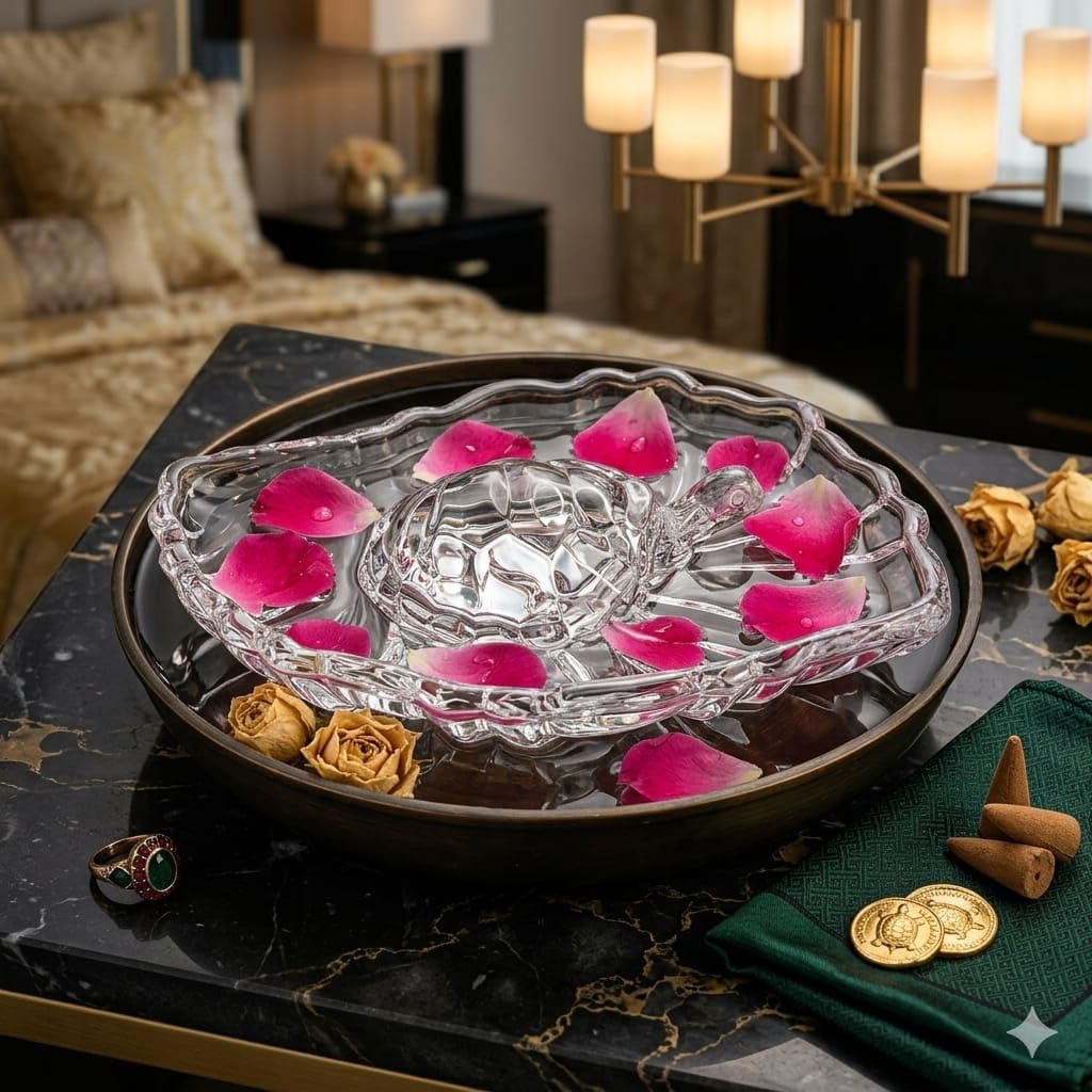 SAUDEEP INDIA Crystal Turtle with Leaf Tray for Home Decor | Vastu Feng Shui Tortoise with Plate for Good Luck | Wealth & Prosperity Table Accent | Gift for Home & Office-16x11x3 cm