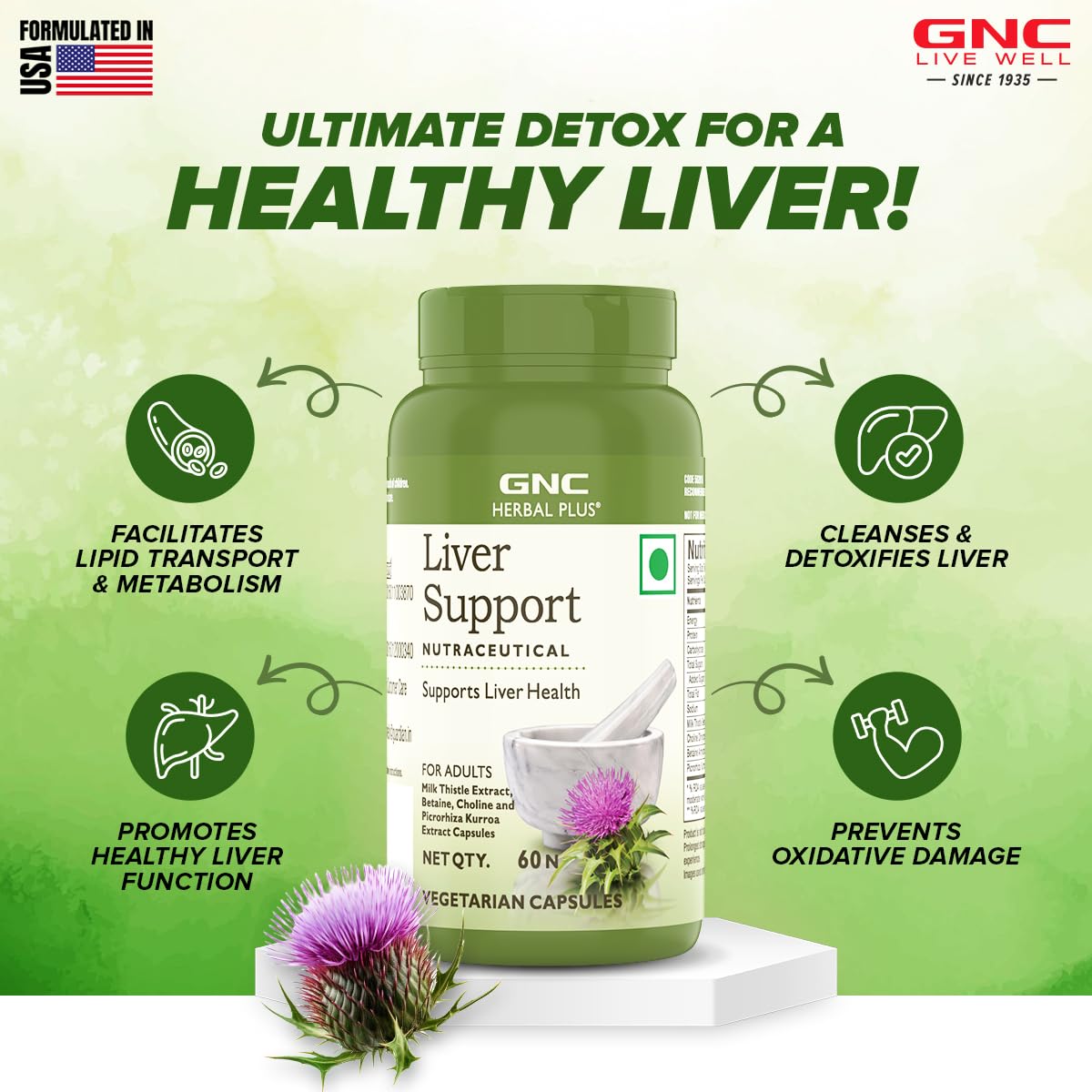 Zephivo GNC Herbal Plus Liver Support With Milk Thistle & Picrorhiza | 60 Capsules | Cleanses Liver | Protects Liver Health | Facilitates Fat Metabolism | Provides Antioxidant Support | Formulated in USA
