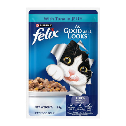 Purina Felix Tuna in Jelly, Wet Food for Adult Cats, 85g Pouch | With Tuna in Jelly, Tasty Meaty Chunks, 100% Complete & Balanced Nutrition, Vitamins D & E, Omega 6, Essential Minerals