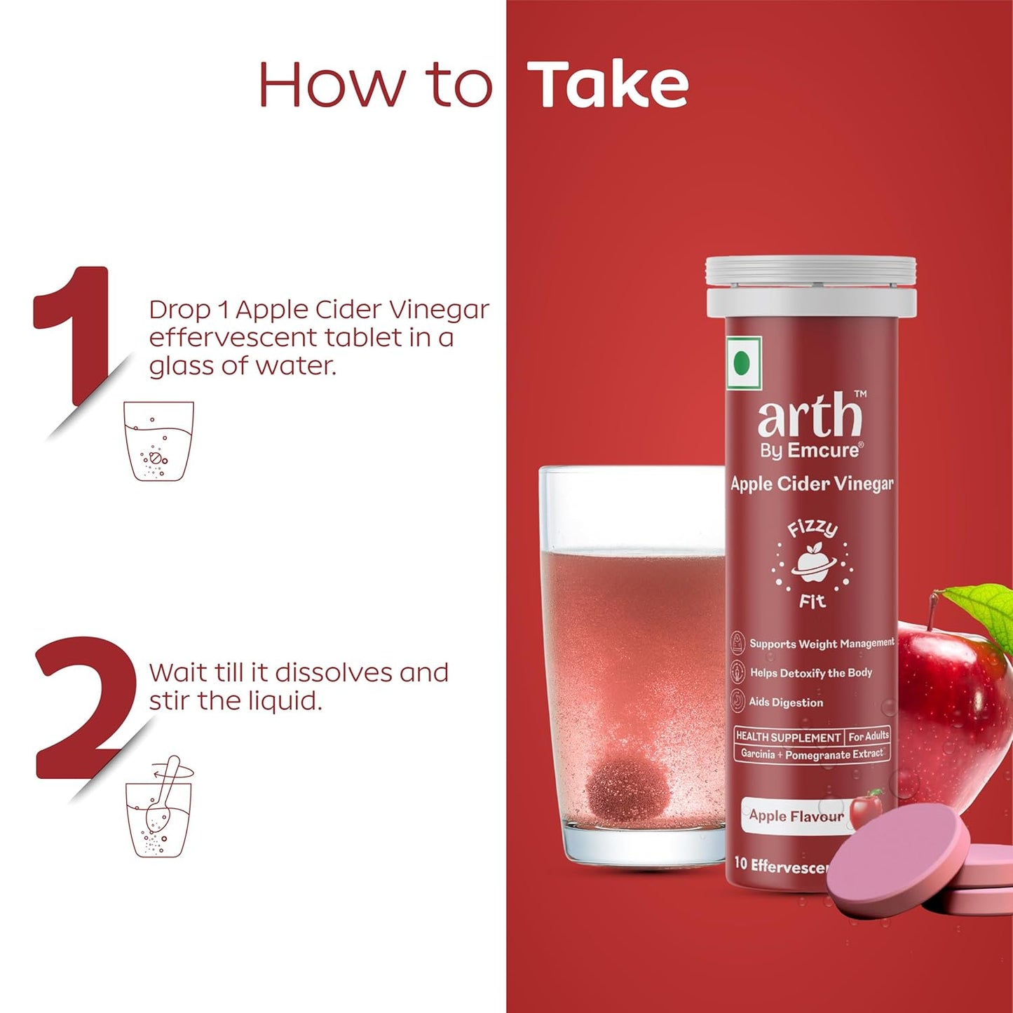 Arth Apple Cider Vinegar Effervescent Tablets 500mg | Supports Weight Management, Metabolism & Gut Health | Garcinia Cambogia, Pomegranate Extract | Vit B6 B12 | Apple Flavour | 10 Tablets