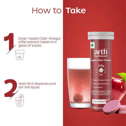 Arth Apple Cider Vinegar Effervescent Tablets 500mg | Supports Weight Management, Metabolism & Gut Health | Garcinia Cambogia, Pomegranate Extract | Vit B6 B12 | Apple Flavour | 10 Tablets