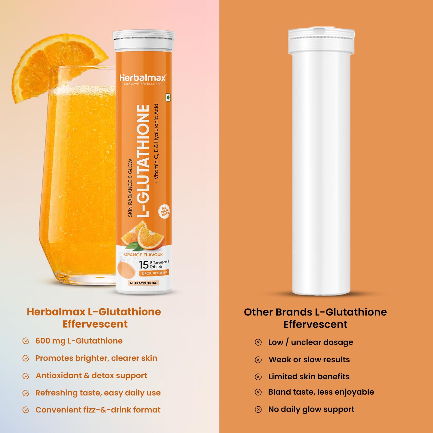 Herbalmax L-Glutathione effervescent supplement with a glass of orange juice and comparison text on an orange background.