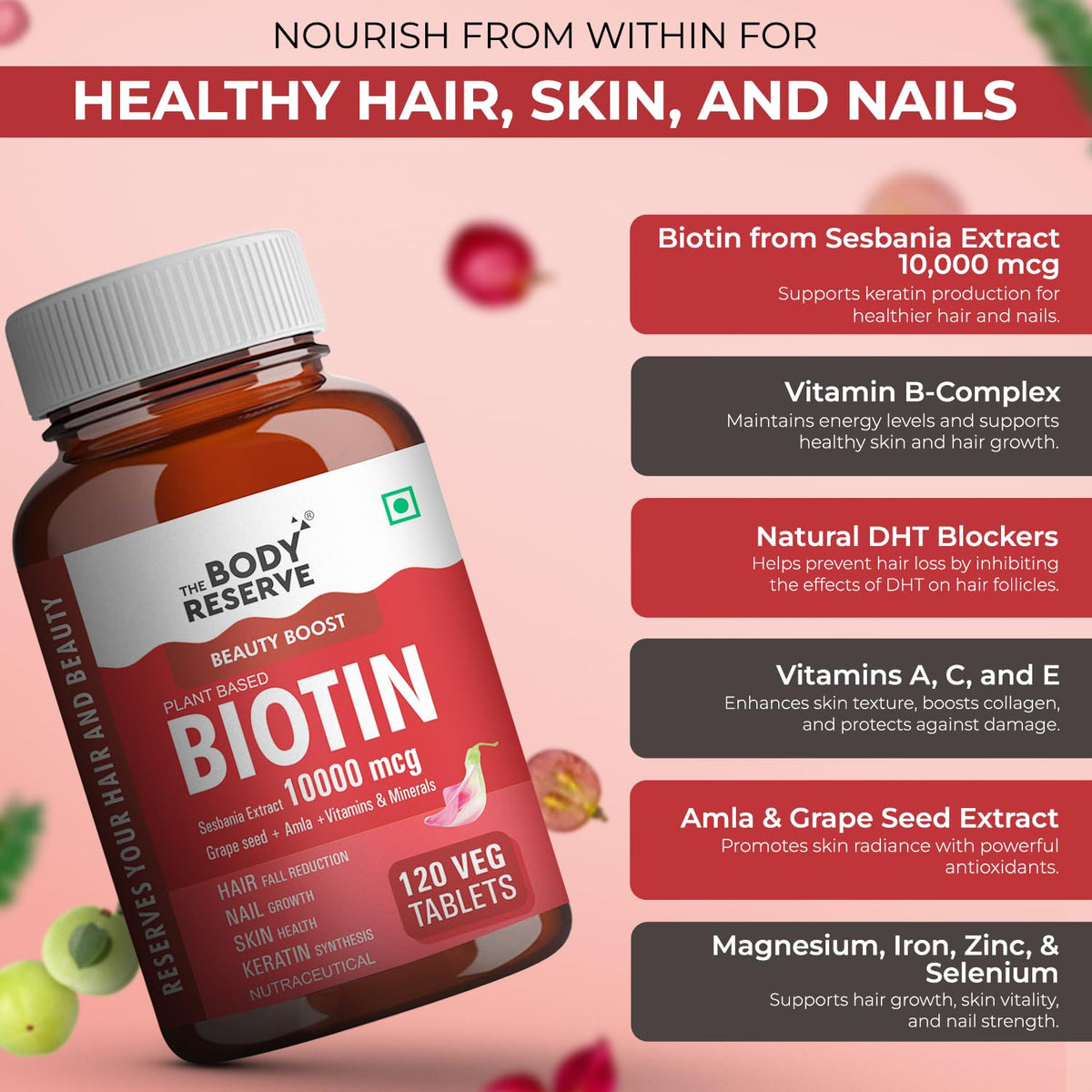 Bottle of The Body Reserve Biotin supplement with product details on a pink background