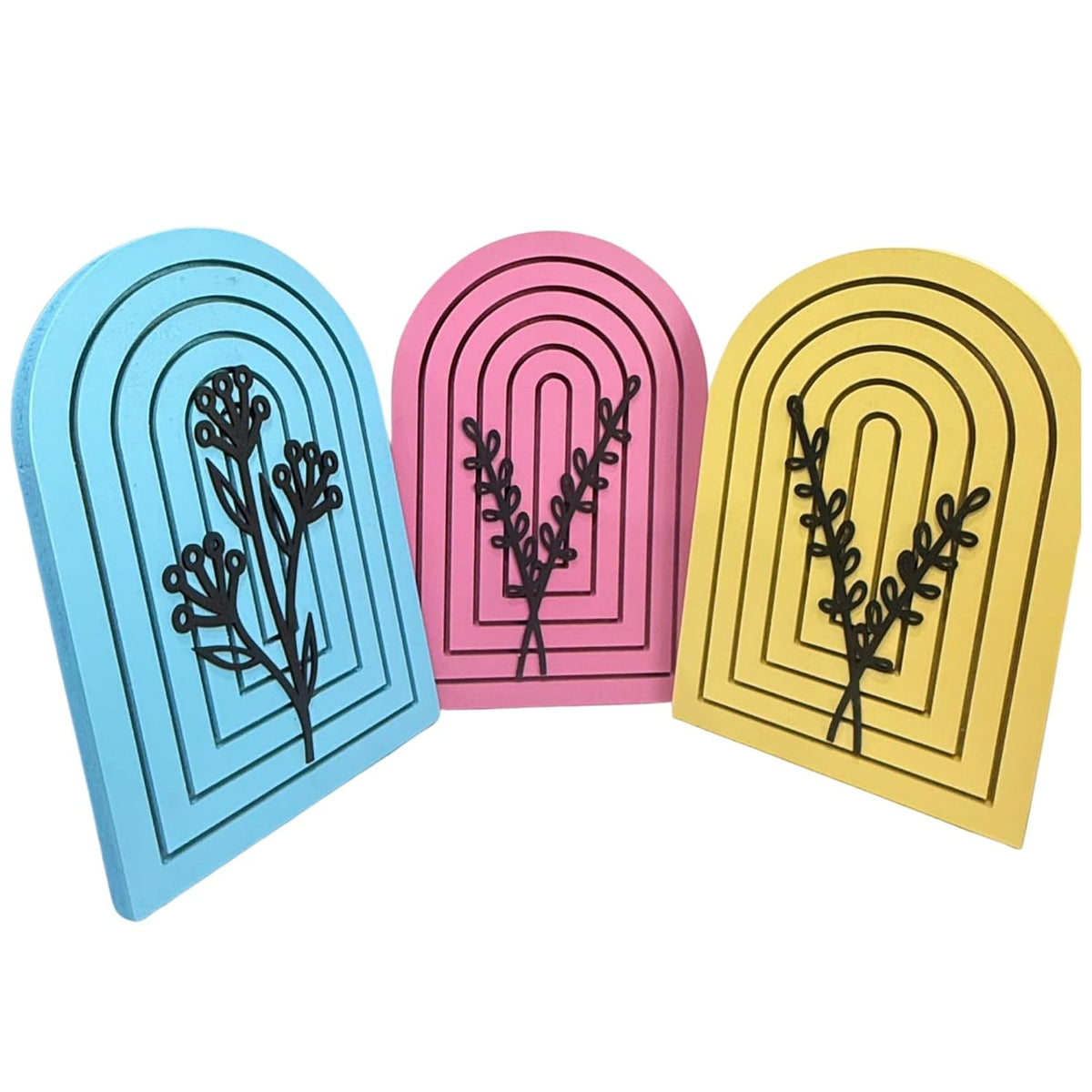 Pack of 3 Floral Wall Art with Blue Pink Yellow Wood Base Flower Cutouts Boho Decor