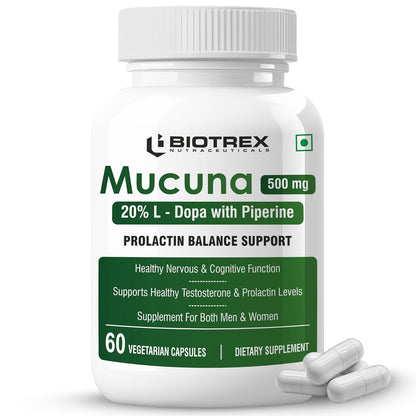 Biotrex Nutraceuticals Mucuna Pruriens (Kapikachhu) (20% L-Dopa) 500mg With Piperine 5mg | Vitality Booster, Motility & Nerve Function - 60 Veg Capsules
