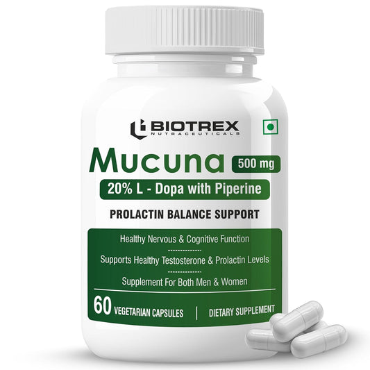 Biotrex Nutraceuticals Mucuna Pruriens (Kapikachhu) (20% L-Dopa) 500mg With Piperine 5mg | Vitality Booster, Motility & Nerve Function - 60 Veg Capsules