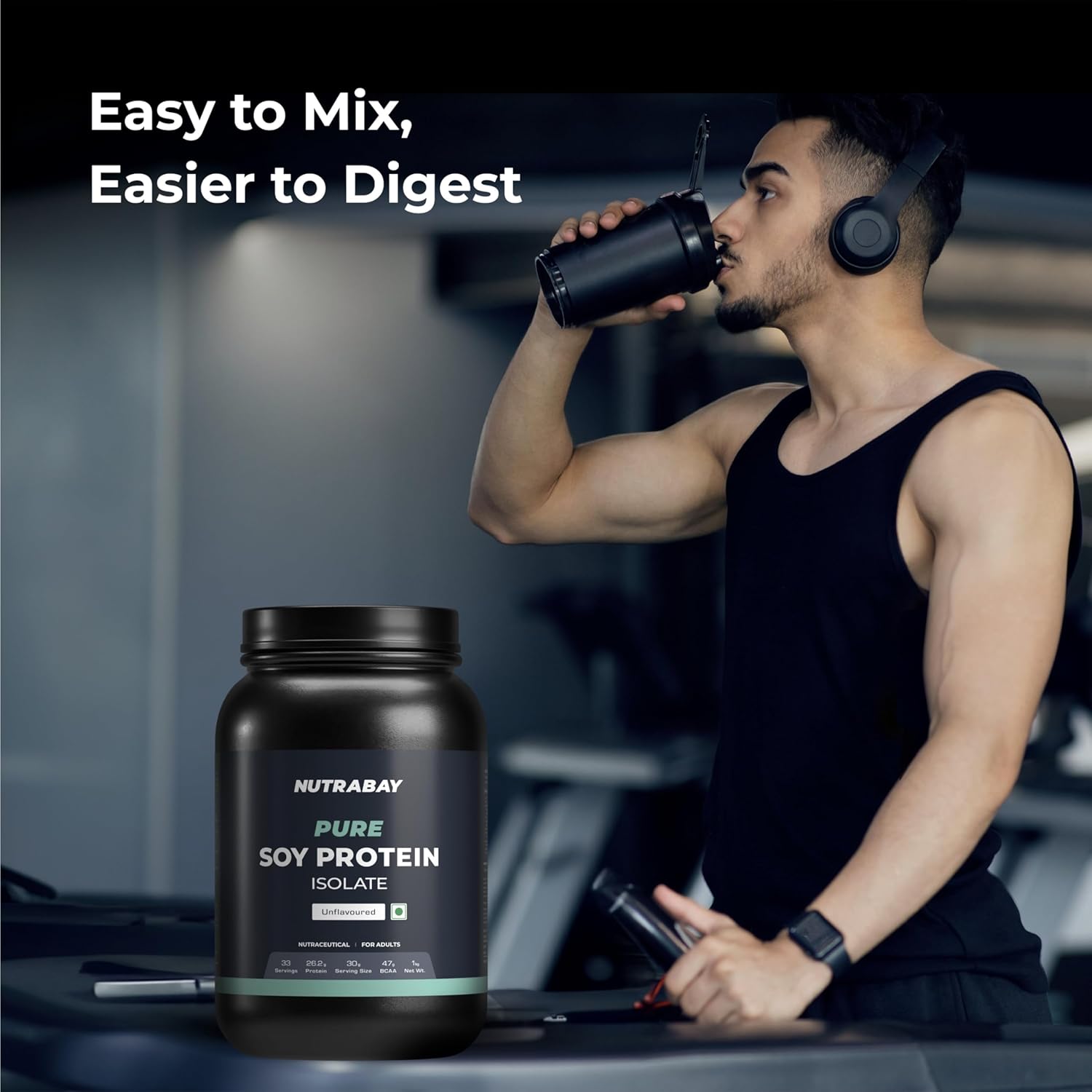 Man drinking from a protein shake with Nutrabay protein powder container in foreground