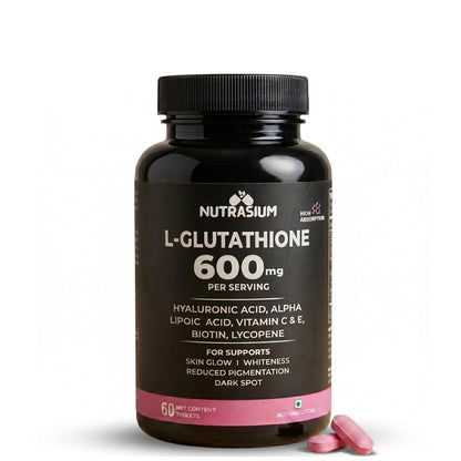 Nutrasium L-Glutathione 600 mg with Hyaluronic Acid & Biotin | For Skin Glow, Hydration, Even Skin tone & Skin Radiance | Reduce Pigmentation & Dark Spot | 60 Tablets