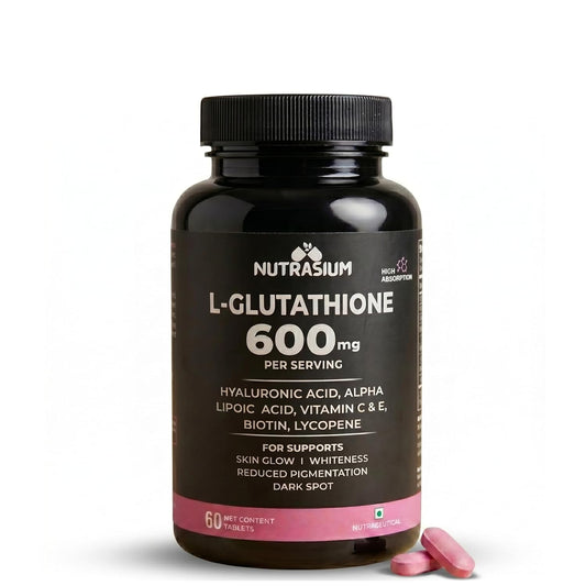 Nutrasium L-Glutathione 600 mg with Hyaluronic Acid & Biotin | For Skin Glow, Hydration, Even Skin tone & Skin Radiance | Reduce Pigmentation & Dark Spot | 60 Tablets